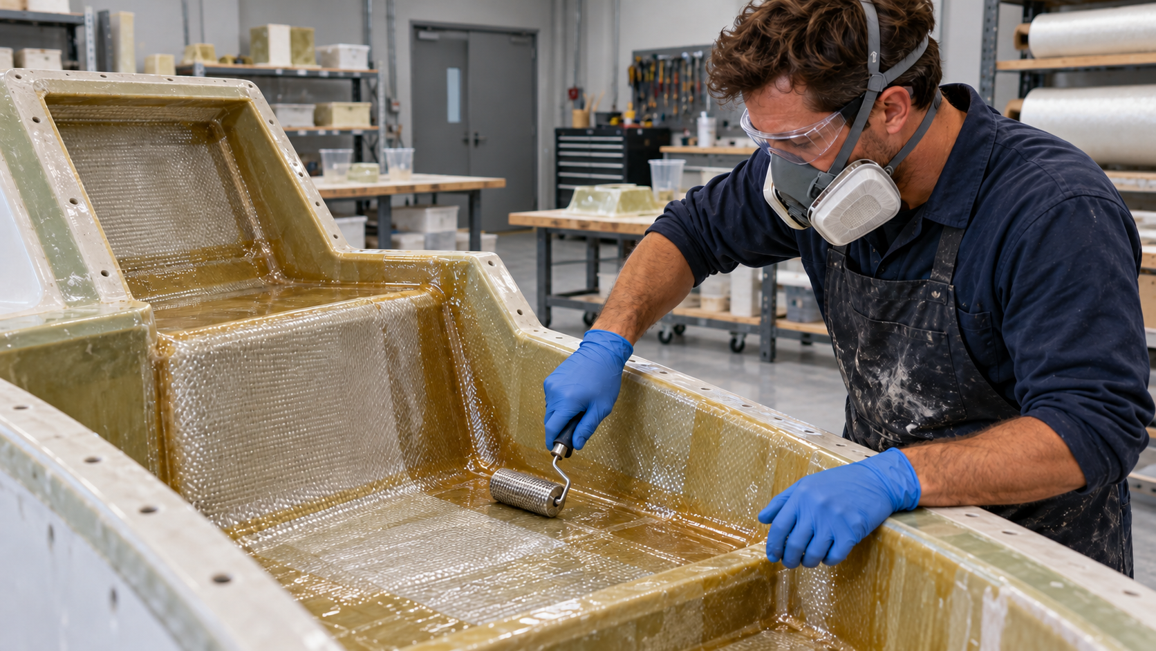 Technician laminating fiberglass inside a standalone console mold