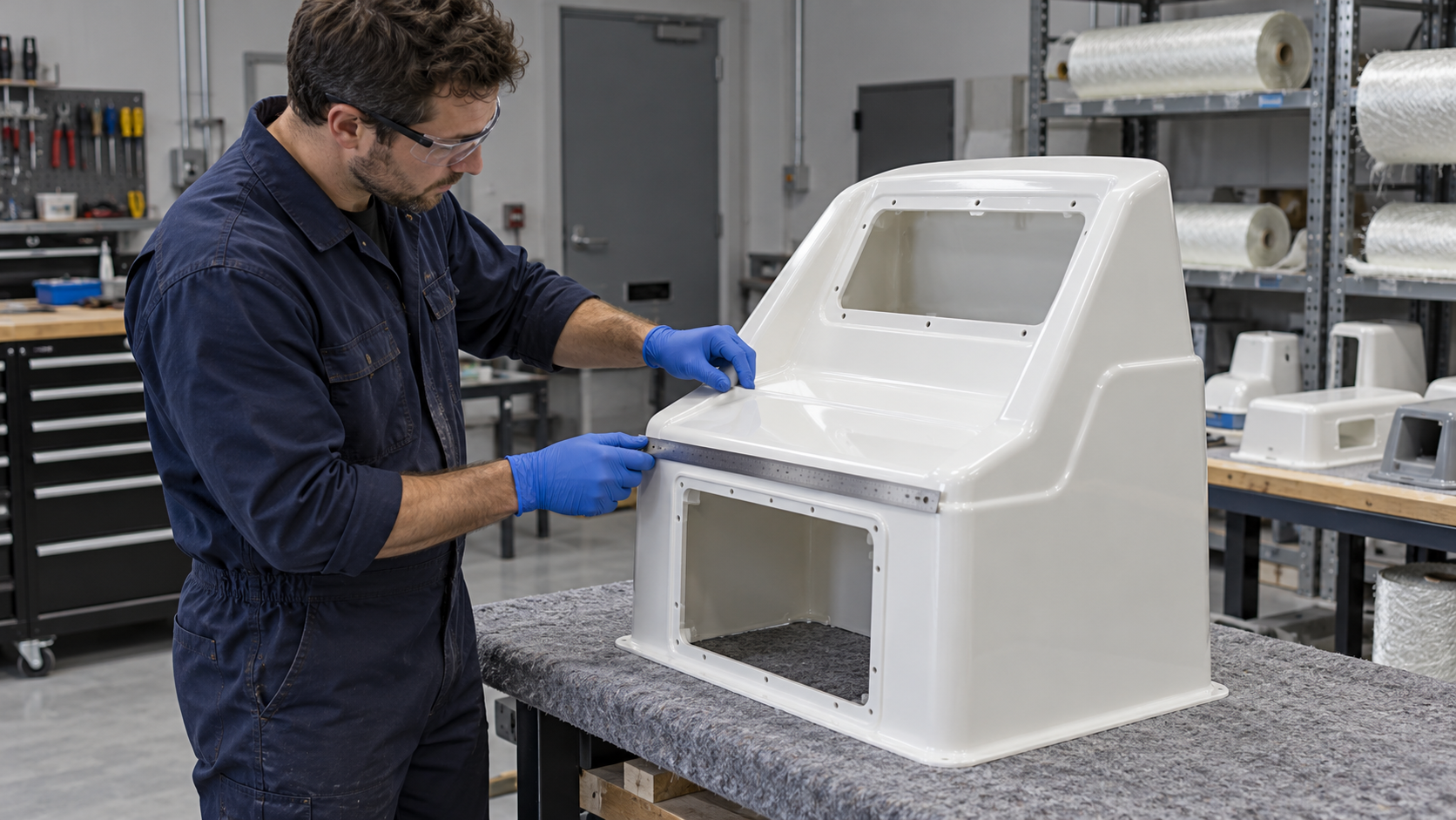 Technician inspecting a standalone white fiberglass console